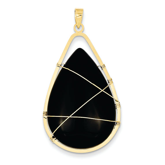 14K Gold Gold Wire Wrap Teardrop with Black Agate Pendant