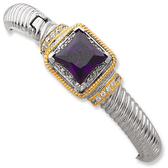 Sterling Silver & Gold-plated Purple CZ Hinged Cuff Bangle