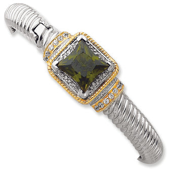 Sterling Silver & Gold-plated Green CZ Hinged Cuff Bangle