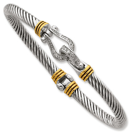 Sterling Silver Gold-plate Antiqued CZ Hinged Bangle