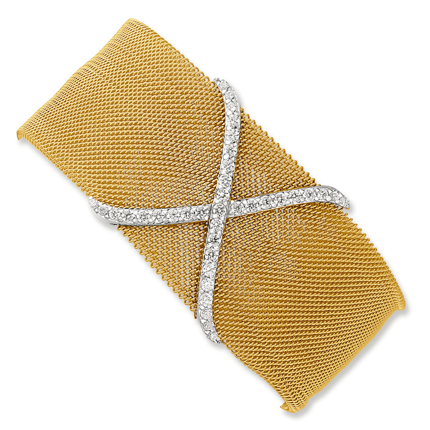Stainless Steel & Sterling Silver CZ Gold-Plated Mesh Bangle