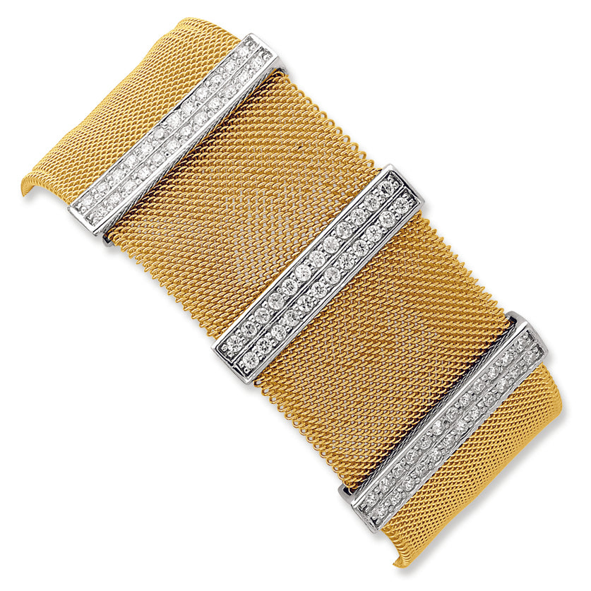 Stainless Steel & Sterling Silver CZ Gold-Plated Mesh Bangle