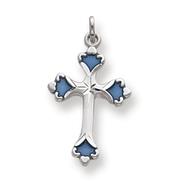 Sterling Silver Blue Enameled Budded Cross Charm