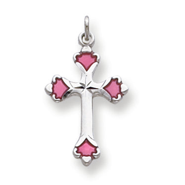 Sterling Silver Pink Enameled Budded Cross Charm