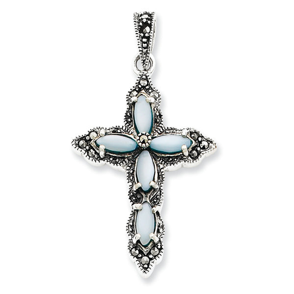 Sterling Silver Marcasite, Blue Mother of Pearl Cross Pendant
