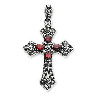 Sterling Silver Red CZ & Marcasite Cross Pendant