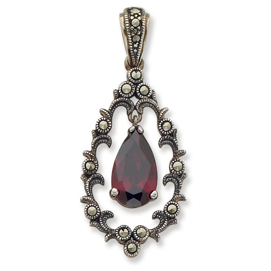 Sterling Silver Red CZ & Marcasite Antiqued Teardrop Pendant