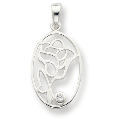 Sterling Silver CZ Polished Rose in Oval Pendant