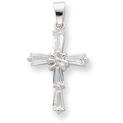 Sterling Silver Clover Center w-CZ Baguettes Cross Pendant