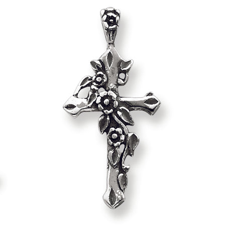 Sterling Silver Antiqued Flowered Cross Pendant