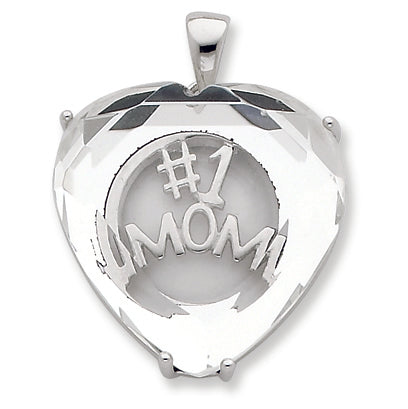 Sterling Silver #1 Mom Heart Covered w- Glass Pendant