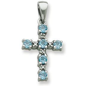 Sterling Silver Rhodium Lt Sw Blue Topaz Cross & Diamond Pendant