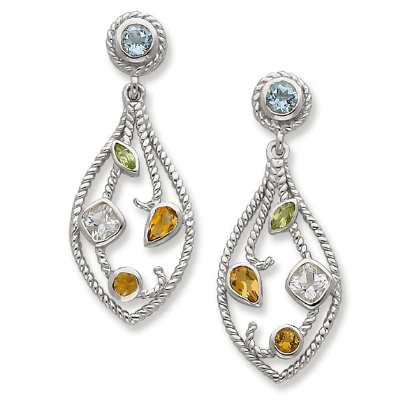 Sterling Silver CZ & Multi-Color Gemstone Post Dangle Earrings
