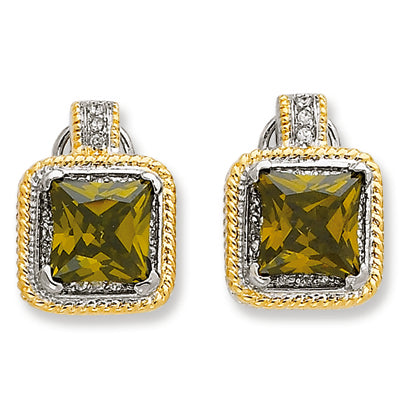 Sterling Silver & Gold-plated Green CZ Omega Back Earrings