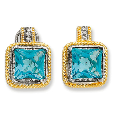 Sterling Silver & Gold-plated Blue CZ Omega Back Earrings