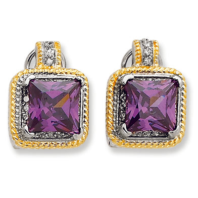 Sterling Silver & Gold-plated Purple CZ Omega Back Earrings
