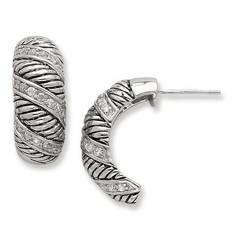 Sterling Silver Antiqued CZ J-Hoop Post Earrings
