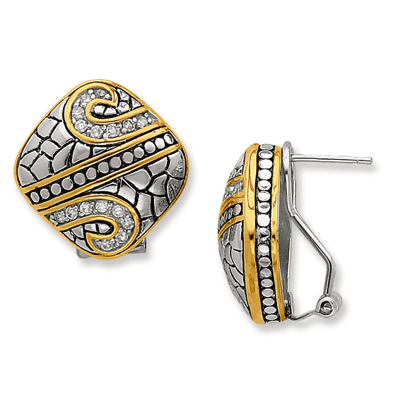 Sterling Silver Gold-plate Antiqued CZ Omega Back Earrings