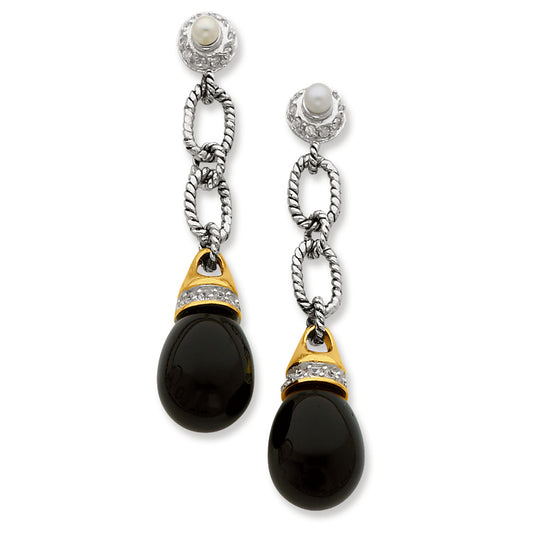 Sterling Silver Gold-plate Antiqued Pearl-CZ-Bead Earrings