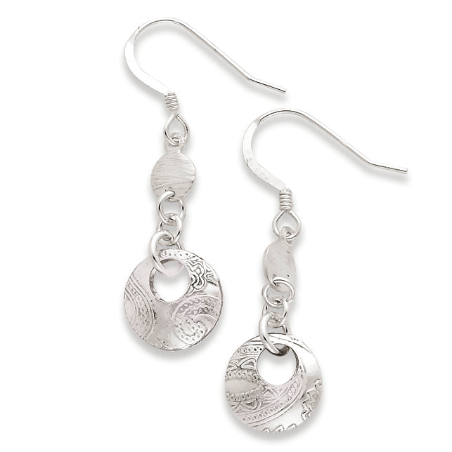 Sterling Silver Polished & Textured Fancy Round Dangle Earrings
