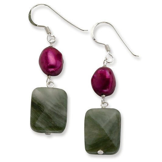 Sterling Silver Dark Green Agate-Cultured Pearl Earrings