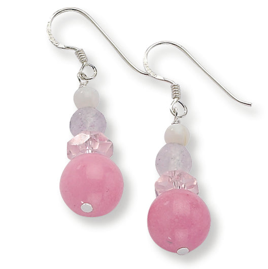 Sterling Silver Pink & White Crystal-Jade-Mother of Pearl Dangle Earrings