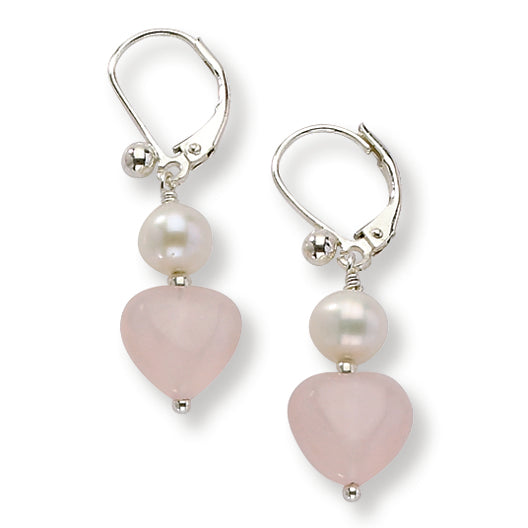 Sterling Silver Freshwater Cultured Pearl-Rose Quartz Heart Earrings