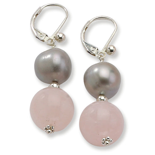 Sterling Silver Rose Quartz-Freshwater Cultured Silver Pearl Earrings