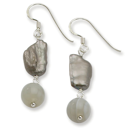 Sterling Silver Grey Sardonyx-Freshwater Cultured Pearl Dangle Earrings