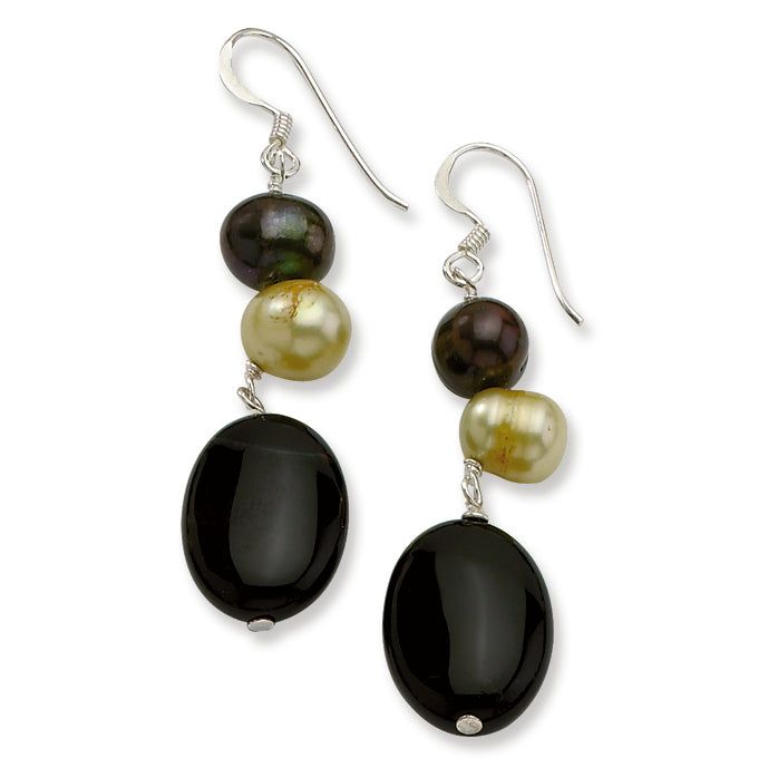 Sterling Silver Black Agate-Freshwater Cultured Pearl Earrings