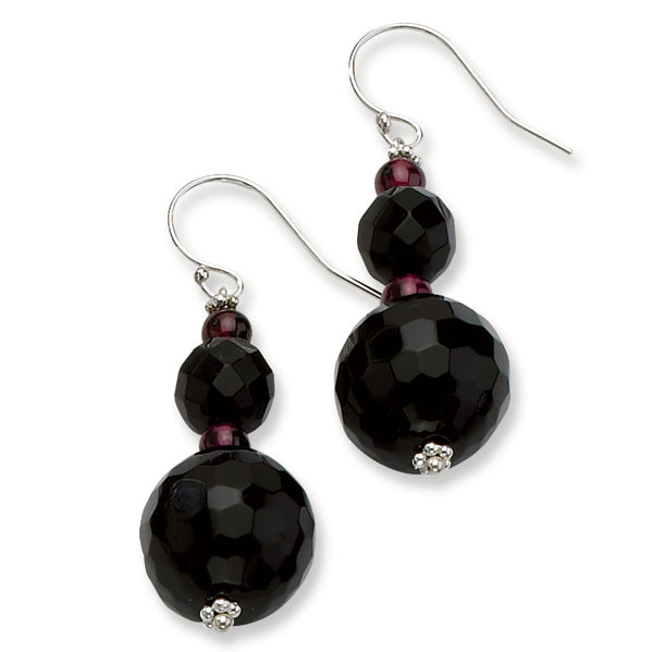 Sterling Silver 8-14mm Black Agate & RH Garnet Dangle Earrings