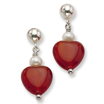 Sterling Silver Freshwater Cultured Pearl & Red Agate Heart Earrings