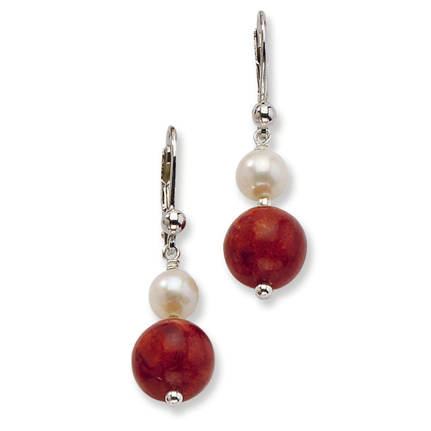 Sterling Silver Freshwater Cultured Pearl & Red Coral Earrings