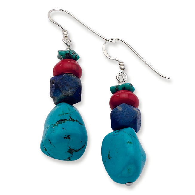 Sterling Silver Red Coral-Howlite-Lapis & Turquoise Dangle Earrings