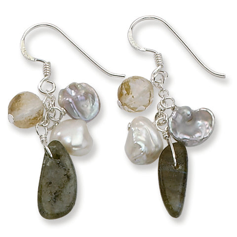 Sterling Silver Labradorite-Rutilated Quartz-FW Cultured Pearl Earrings