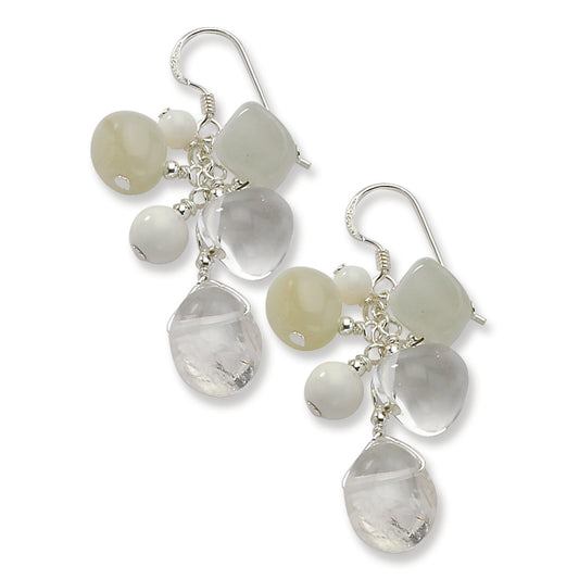 Sterling Silver Jade-Mother Of Pearl-Moonstone-Rock Quartz Earrings