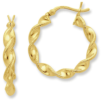 Sterling Silver Gold-flashed Patterned Twist 25mm Hoop Earrings