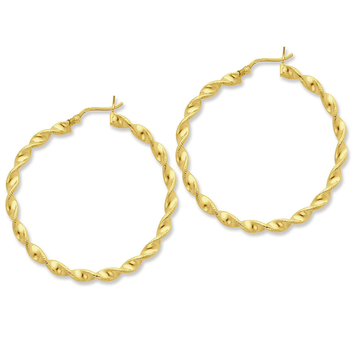Sterling Silver Gold-flashed Patterned Twist 45mm Hoop Earrings