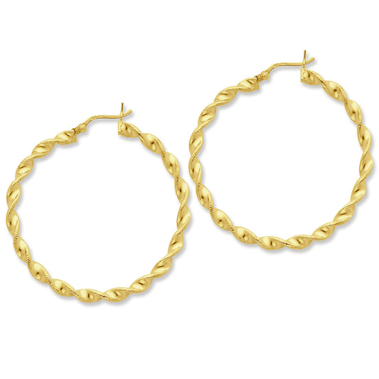 Sterling Silver Gold-flashed Patterned Twist 45mm Hoop Earrings