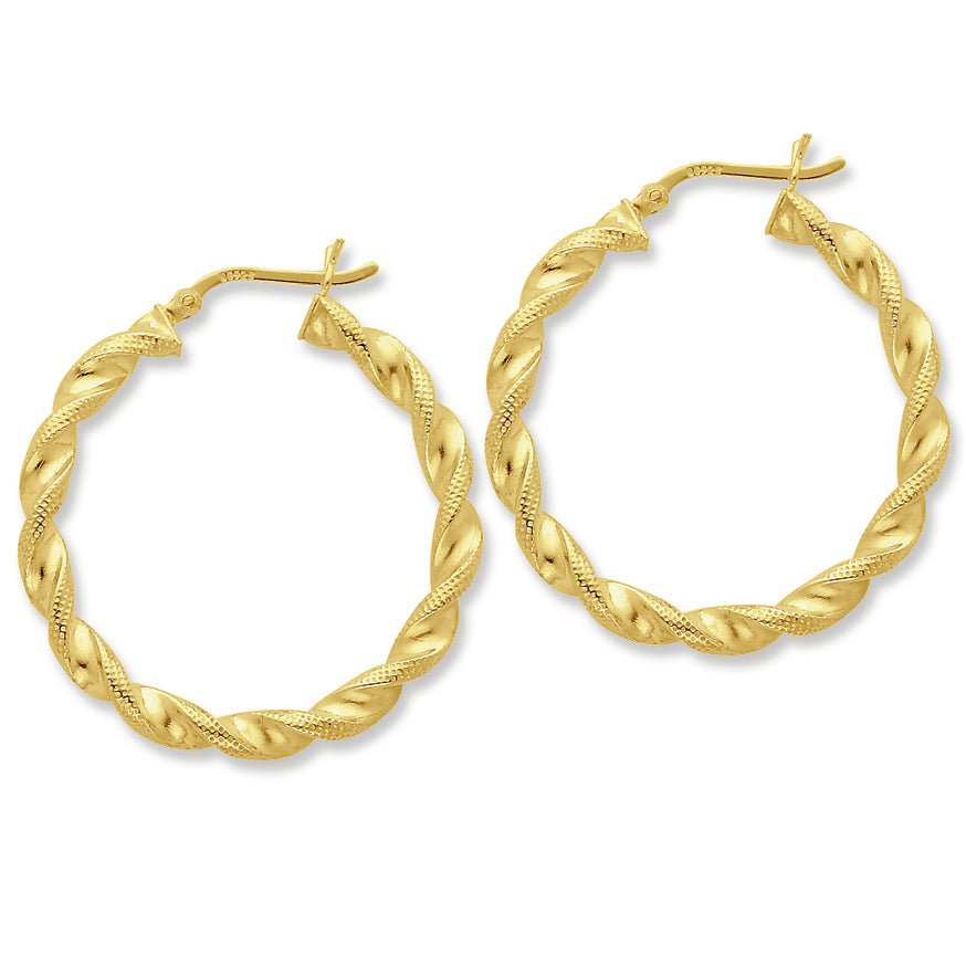 Sterling Silver Gold-flashed Patterned Twist 35mm Hoop Earrings