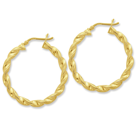 Sterling Silver Gold-flashed Patterned Twist 35mm Hoop Earrings