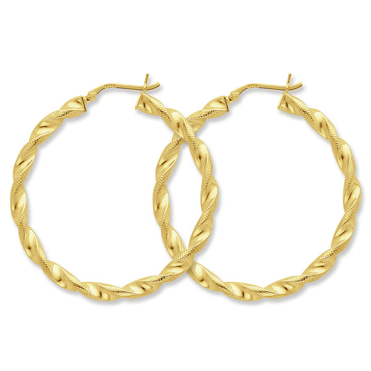 Sterling Silver Gold-flashed Patterned Twist 45mm Hoop Earrings