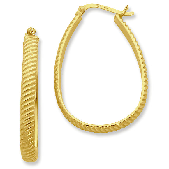 Sterling Silver Gold-plated 4mm Grooved Oval Hoop Earrings