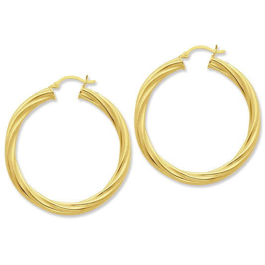 Sterling Silver Gold-flashed Wide Ribbed Twist 45mm Hoop Earrings