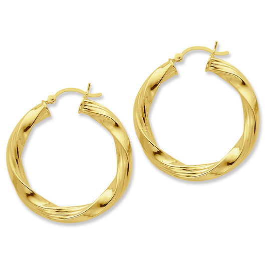 Sterling Silver Gold-flashed Ribbed Twist 35mm Hoop Earrings