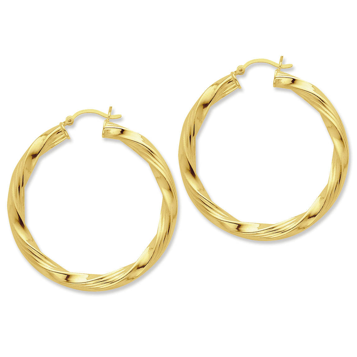 Sterling Silver Gold-flashed Ribbed Twist 45mm Hoop Earrings