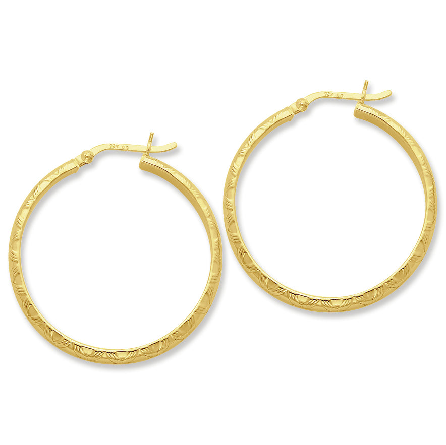 Sterling Silver Gold-flashed Bamboo Patterned 35mm Hoop Earrings