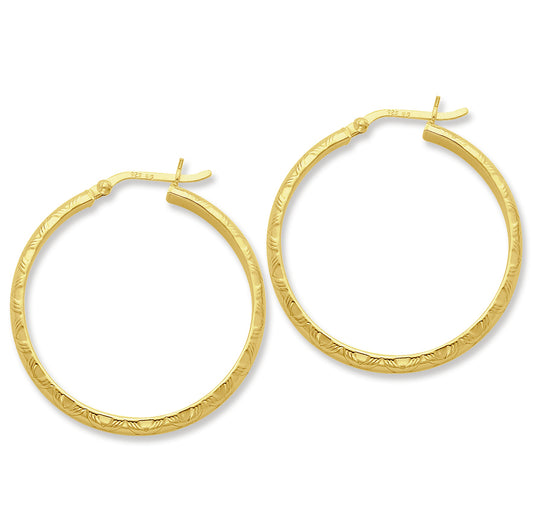 Sterling Silver Gold-flashed Bamboo Patterned 35mm Hoop Earrings