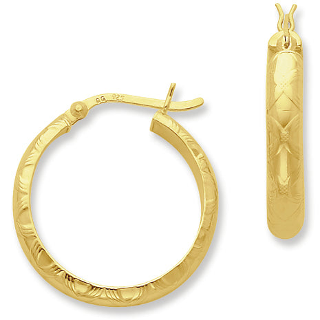 Sterling Silver Gold-flashed Bamboo Patterned 25mm Hoop Earrings