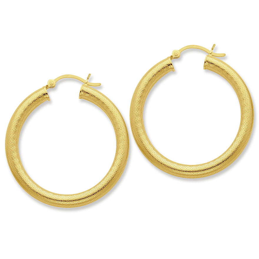 Sterling Silver Gold-flashed Patterned 35mm Hoop Earrings